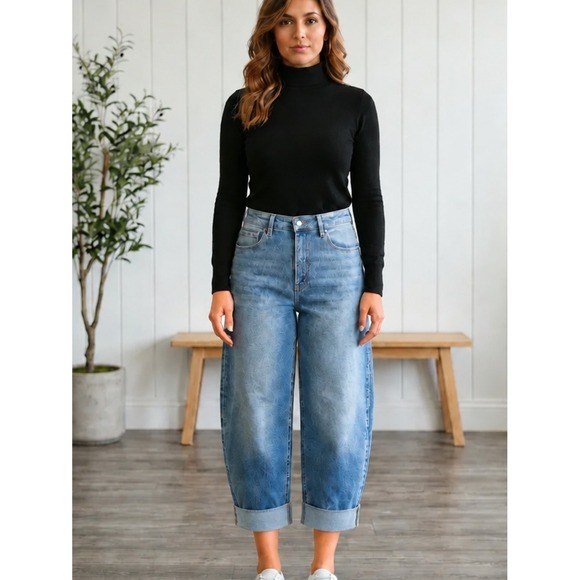 Flying Monkey Denim - Flying Monkey Barrel Fit Jeans Women 30  32" taped Blue High Rise Cuff Hem F6199
